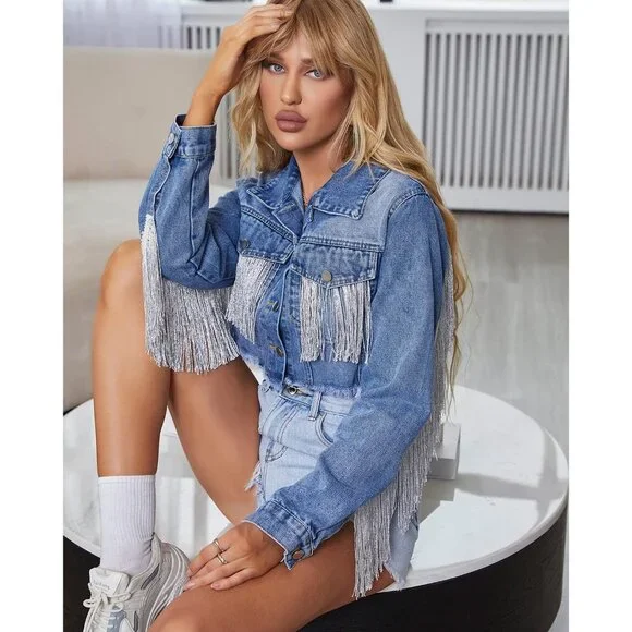 Women’s Crop Denim Jacket Tassel Casual Jean Coat With Fringe S107Dark Blue
